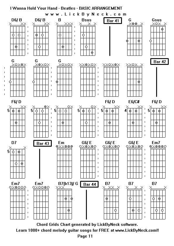 Chord Grids Chart of chord melody fingerstyle guitar song-I Wanna Hold Your Hand - Beatles - BASIC ARRANGEMENT,generated by LickByNeck software.